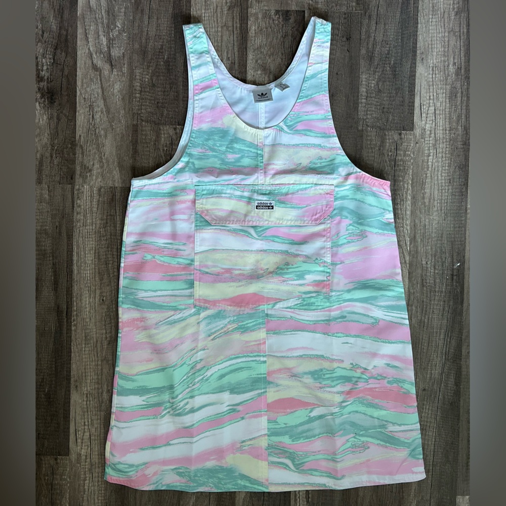 Adidas 🫧 Marbled Pastel Colored Vinyl Shift Dress Large Pocket Artist Outfit